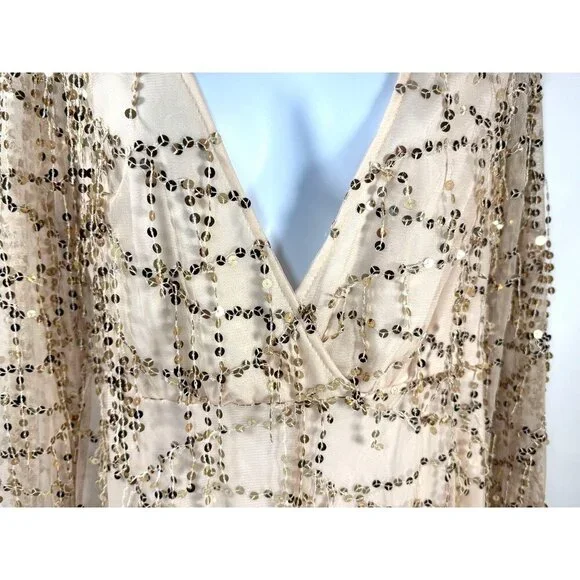 Gold Metallic Flirty Sequined Sheer Mini Romper  Prom Glam Fairy Sexy NWT Sz M - Picture 10 of 16